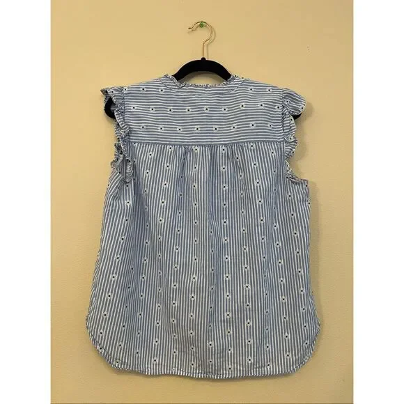 Loft Blue White Stripe Daisy Ruffle Button Front Top Women's Medium - Picture 4 of 10